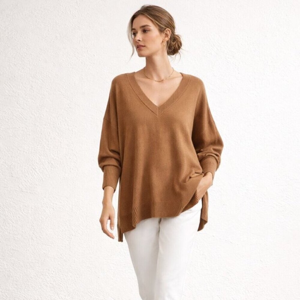 Maeve Brown V-Neck Wool Blend Sweater Size XL Oversized Cozy Casual Knit Top